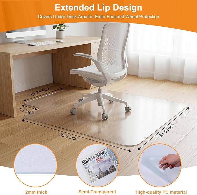 Chair Mat for Hardwood Floor, 35.5" x 47.5" Clear Office Chair Mat for Hardwood Floors with Lip, Desk Chair Mat for Rolling Chair, Smooth Rolling Desk Chair Mat, Easy-Clean Floor Protector
