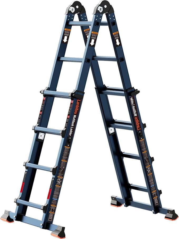 LANBITOU Ladder, A Frame 4 Step Ladder Extension, 14 FT Anti-Slip Multi Position Ladder, Storage Folding Ladder, 300 lbs Security Load Telescoping Aluminum Ladders for Stairs Home Indoor Outdoor Roof