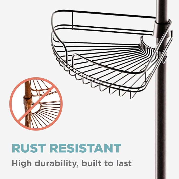 Zenna Home Tension Pole Shower Caddy Corner Organizer, Adjustable Standing Shower Caddy with 4 Baskets and Built in Towel Bar, Rust Resistant Bathroom Tension Rod Organizer, 60 to 97 Inch, Bronze
