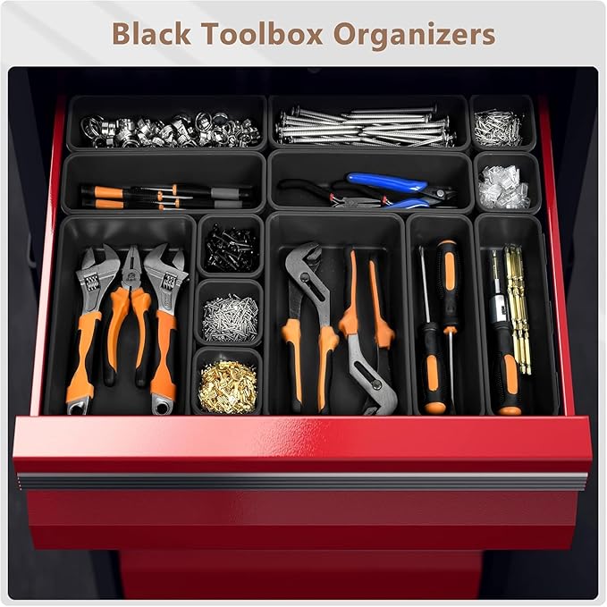 A-LuGei 【𝟲 𝗦𝗜𝗭𝗘 & 100PCS】 Tool Box Organizer Tray Set【Fits 100+ Tools】 Black Plastic Drawer Divider Desk Drawer Organizer Garage Organization for Rolling Tool Chest Cart Workbench Office Storage