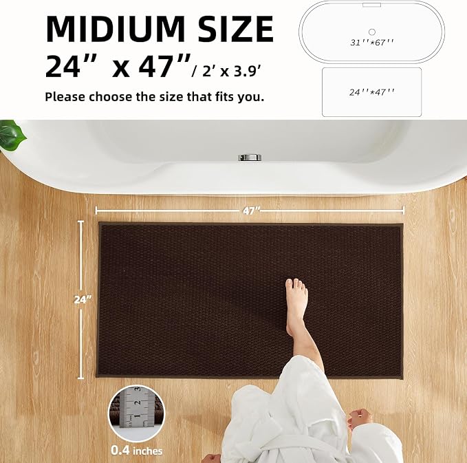 TYUU Bathroom Rugs Non Slip Washable, Super Absorbent Thin Bath Mat Quick Dry Low Pile Bathroom Rug, Brown 24"x47"