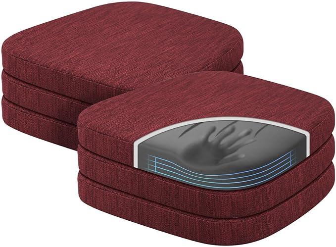 baibu Kitchen Chair Cushions Set of 6, Dual-Layer Patented Design Memory Foam Dining Chair Pads with Ties and Washable Cover, 6 Pack, 17" x 16" x 2", Wine Red
