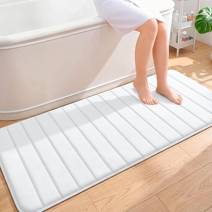 OLANLY Memory Foam Long Bathroom Rugs Runner 59x24, Super Soft Absorbent Bath Mat, Quick Dry, Machine Washable Shower Floor Rugs, Bathmat Carpet, Bathroom Home Decor Accessories, White