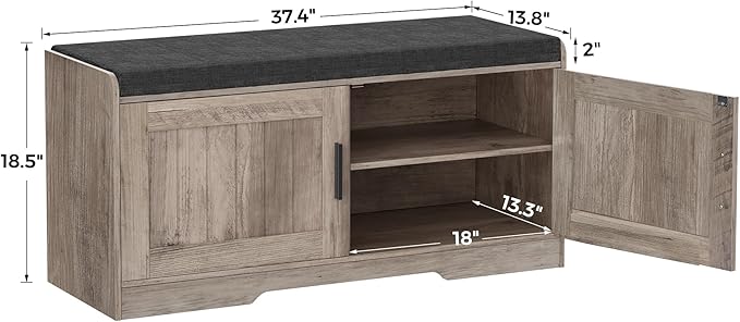 Homleke 2-Tier Storage Bench, Shoe Bench with Thickened Padded Seat Cushion, Entryway Bench with 2 Doors, Adjustable Shelf, 13.8" D x 37.4" W x 18.5" H, for Entryway, Living Room, Bedroom, Greige