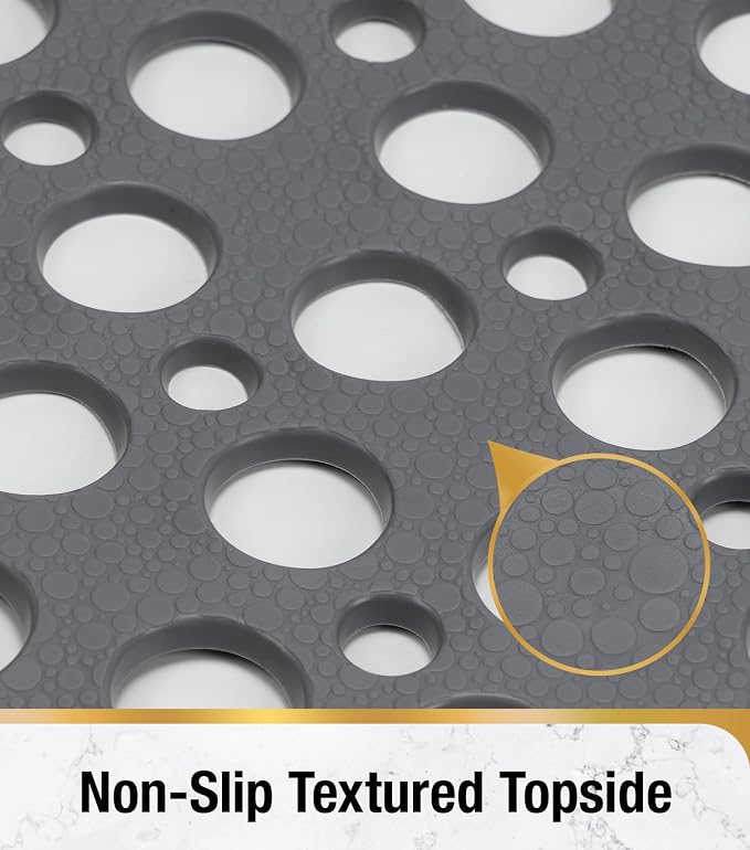 HITSLAM Shower Mat Anti Slip, 21x21 Inch No Odor Soft TPE Bathroom Shower Stall Floor Mat, Square Bath Mat for Tub Non Slip with Suction Cups and Drain Holes, Machine Washable, Soft on Feet, Grey