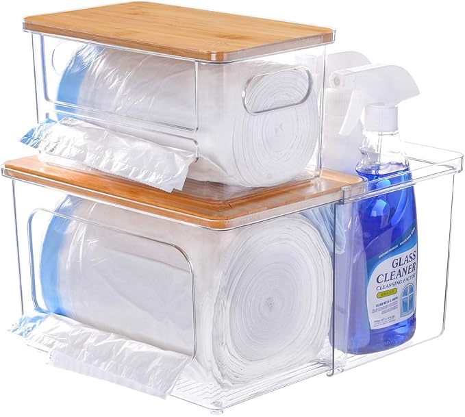 iCASA Trash Bag Dispenser Holder - 3 in 1 Acrylic Under Sink Organizer Garbage Bags Container with Bamboo Lid, Holds up to 100 Count 13/30/33 Gallon Bag Roll for Kitchen, Pantry, Laundry Room Storage
