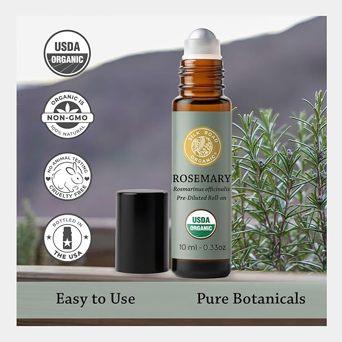 Silk Road Organic Rosemary Essential Oil & Jojoba Roll On, USDA Certified, Support Hair Growth & Health - 10 ml Aromatherapy Roller