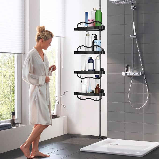 Black Corner Shower Caddy Tension Pole - Heavy Duty Rustproof Stainless Steel Shower Organizer with 4 Adjustable Shelves, No-Drill Free Standing for Bathroom, Bathtub, RV,54" to 114" Tall