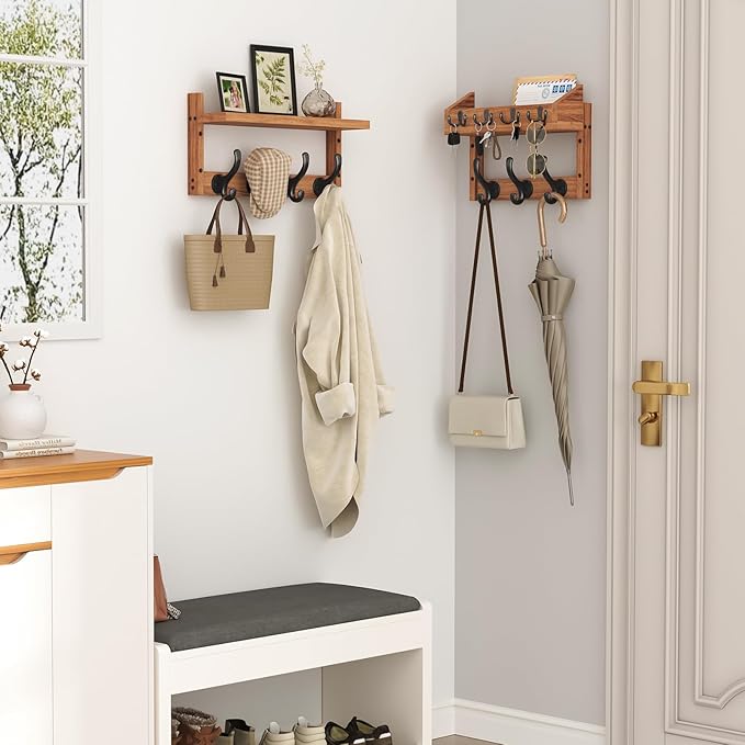 Evermagin 29" Coat Rack Wall Mount with Shelf, 4 in 1 Wall Mounted Coat and Key Hanger with 11 Hooks, Entryway Key Holder with Mail Holder for Living Room, Bedroom