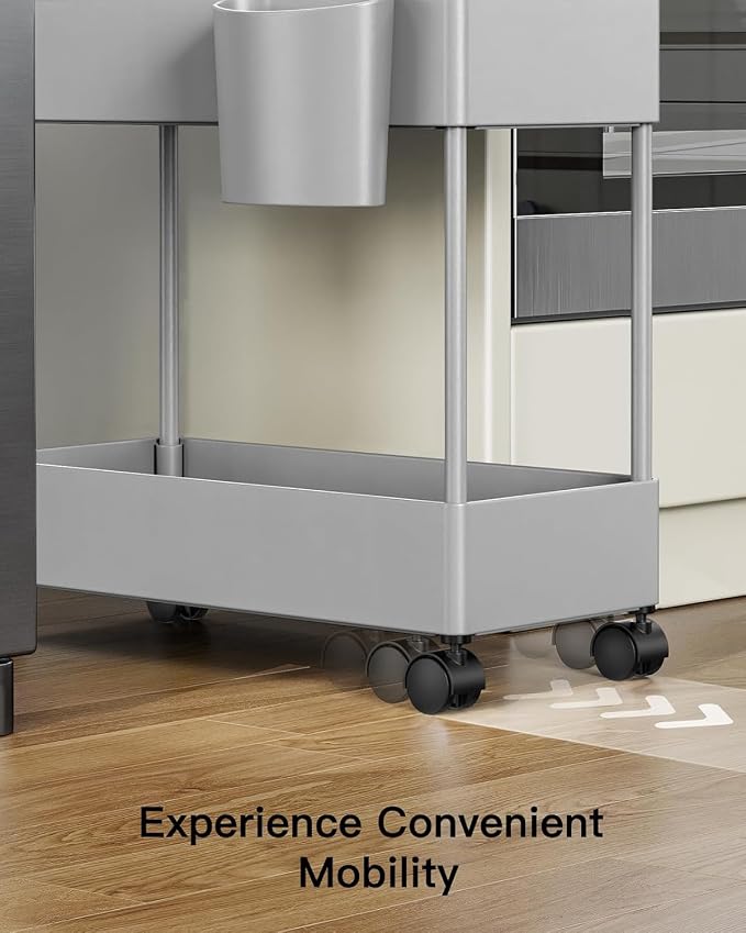 Pipishell Slim Storage Cart with Wheels - 3 Tier Bathroom Organizers and Storage Cart - Rolling Carts for Bathroom, Kitchen, Narrow Space, Laundry Room,Gray