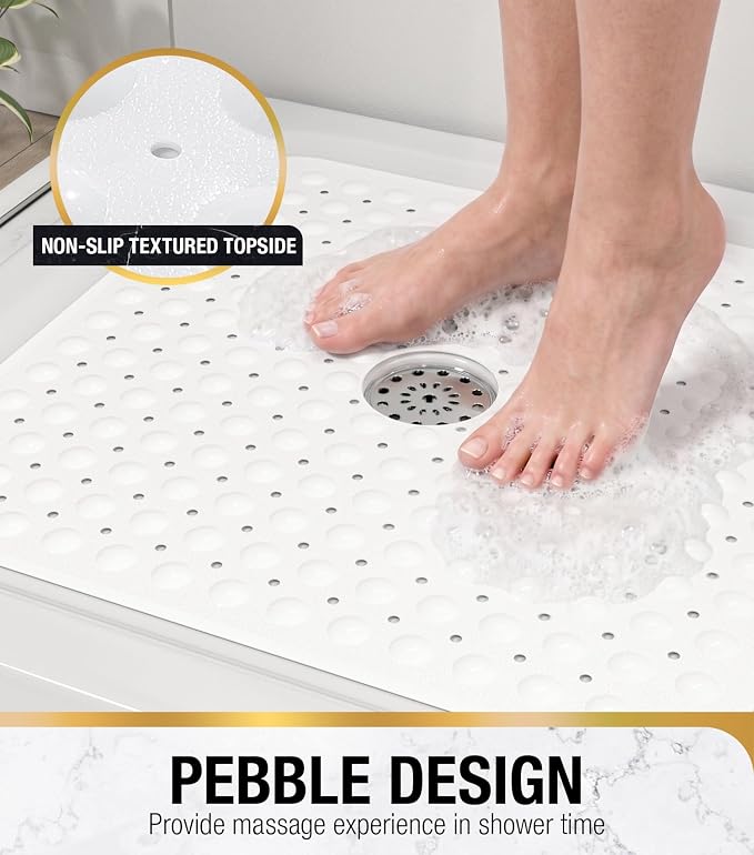 HITSLAM Shower Bathtub Mat Non Slip, 24"x 24" Bath Mat for Tub, Soft PVC Shower Mats for Inside Shower with Suction Cups and Center Drain Hole, Machine Washable Bathroom Floor Mat, White
