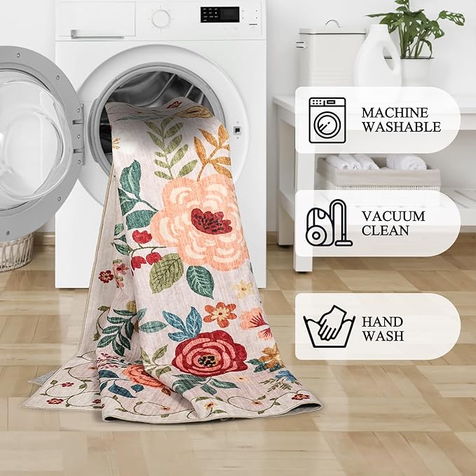 DUKINO 3x4 Area Rug, Lightweight Non Slip Washable Floral Rug, Indoor Low Pile & Non-Shedding Boho Design Carpets for Bedroom, Kitchen, Dining Room, Beige