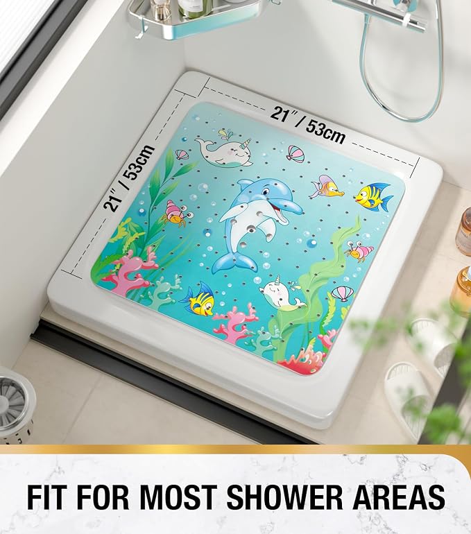 HITSLAM Square Shower Stall Mat Anti Slip, Quick Dry 21x21 Inch Bathtub Floor Mat for Kids with Suction Cups and Drainage Holes, Machine Wash, Soft on Feet, Dolphin