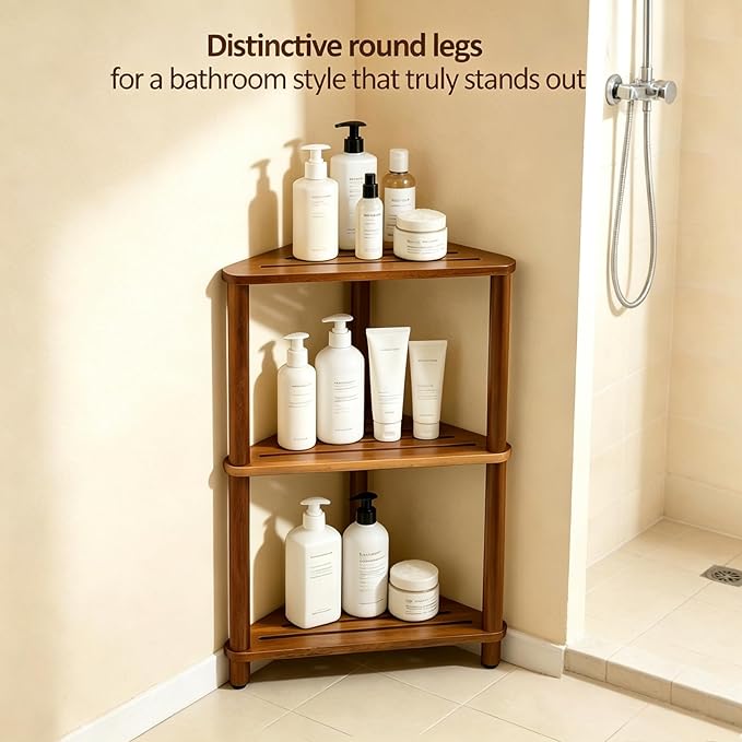 IBosins Corner Shower Shelf 3-Tier Shower Caddy Standing Bathroom for Inside Shower Stool Storage for Kitchen Livingroom Bedroom - Acacia Wood