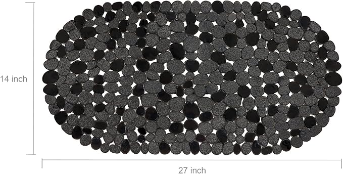 WELTRXE Pebbles Bath Mat for Tub Black Non-Slip Bathtub Mat with Suction Cups, Drain Holes for Bathroom Showers, Tub, Machine Washable, BPA, Latex Free Oval Shower Mats Bath Tub mat, 27 x 14 Inch