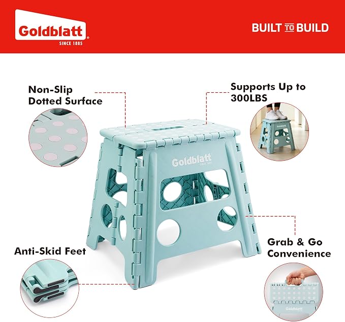 Goldblatt 12.5" Folding Step Stool for Adults and Kids, Lightweight Heavy-Duty Plastic Portable Foldable Stool with Non-Slip Top and Anti-Skid Feet, 300 lbs Capacity, Kitchen & Bathroom, Blue-Green