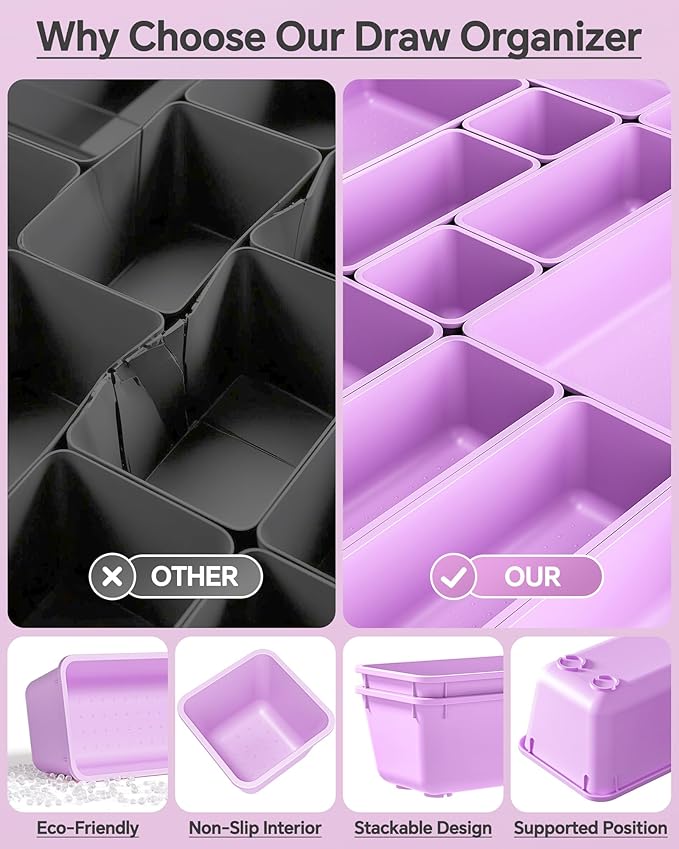 KEMETHY 25 PCS Plastic Drawer Organizers Set, 4 Sizes Vanity Organizer, Makeup and Desk Drawer Organizer Trays, Organization and Storage for Makeup, Bathroom, Kitchen Utensils and Office (Purple)