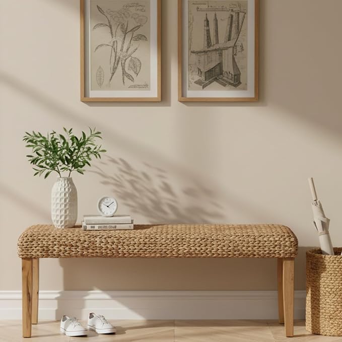 Solid Wood Acacia Indoor Bench with Natural Woven Seat, 47 Inch Wood Bench for Living Room or Entryway Bench, Bedroom End of Bed Bench or Dining Benches, Window Bench (Fishbone, Water Hyacinth)