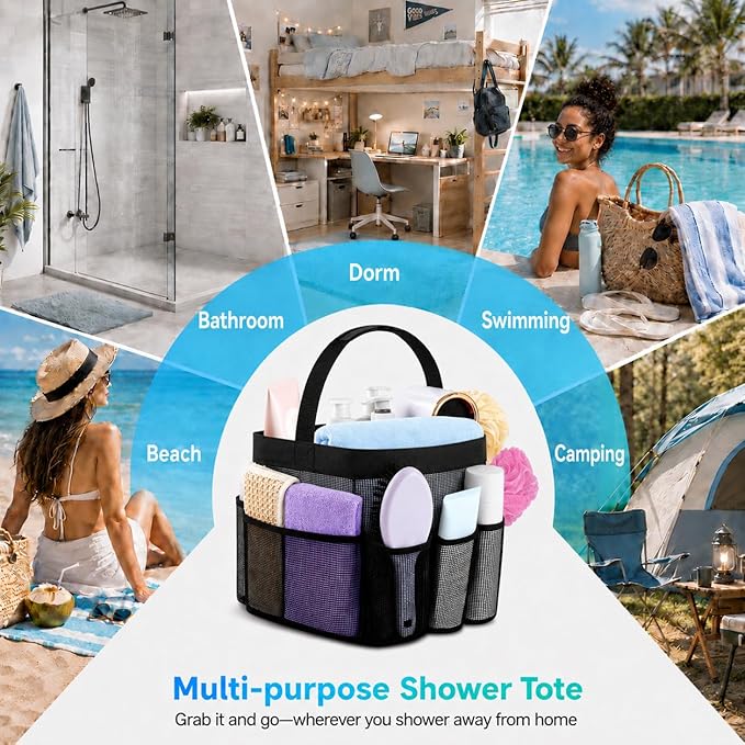 Attmu Mesh Shower Caddy Portable for College Dorm Room Camping Essentials, Shower Caddy Dorm with 9-Pockets, Large Capacity Hanging Basket Bathroom Bag for Toiletry, Swimming, Gym, Camp, Beach