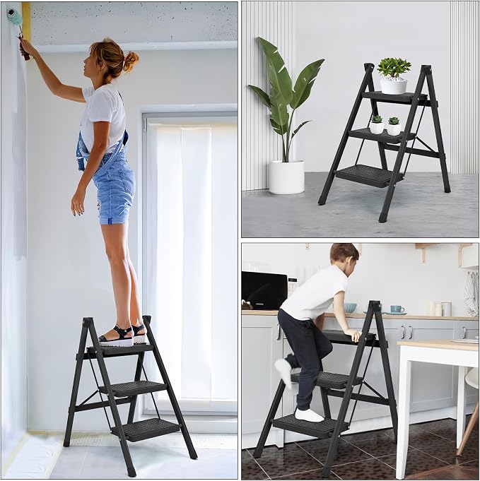 3 Step Ladder, Folding Step Stool for Adults, Lightweight Aluminum Step Ladder, Portable 330 LBS Capacity Ladders for Home Kitchen Library Office, Small Step Stools with Anti-Slip Wide Pedals