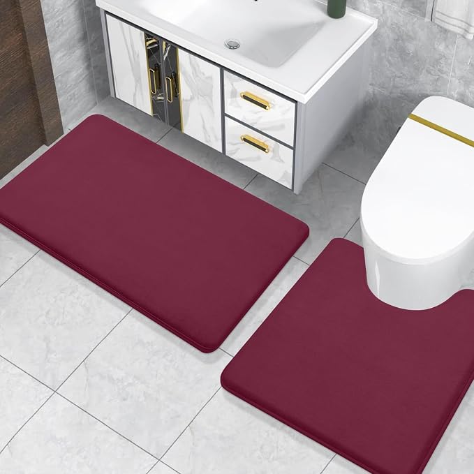 Smiry Memory Foam Toilet Rugs U-Shaped 20x20, Extra Soft Absorbent Non-Slip Contour Bathroom Rugs, Machine Washable Bath Mats for Toilet, Burgundy