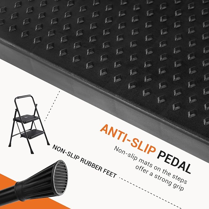 Sweetcrispy Folding 2 Step Ladder Stool - Lightweight, 800lbs Sturdy, with Anti-Slip Feet - Perfect for Home, Kitchen, and Office Use, Easy Storage and Portable Design, Black