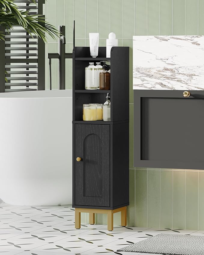 Hzuaneri Bathroom Storage Cabinet, Small Corner Floor Cabinet with Door and Shelves, Narrow Toilet Paper Holder, Bathroom Organizer with Adjustable Shelf, for Small Spaces, Black BC08206X