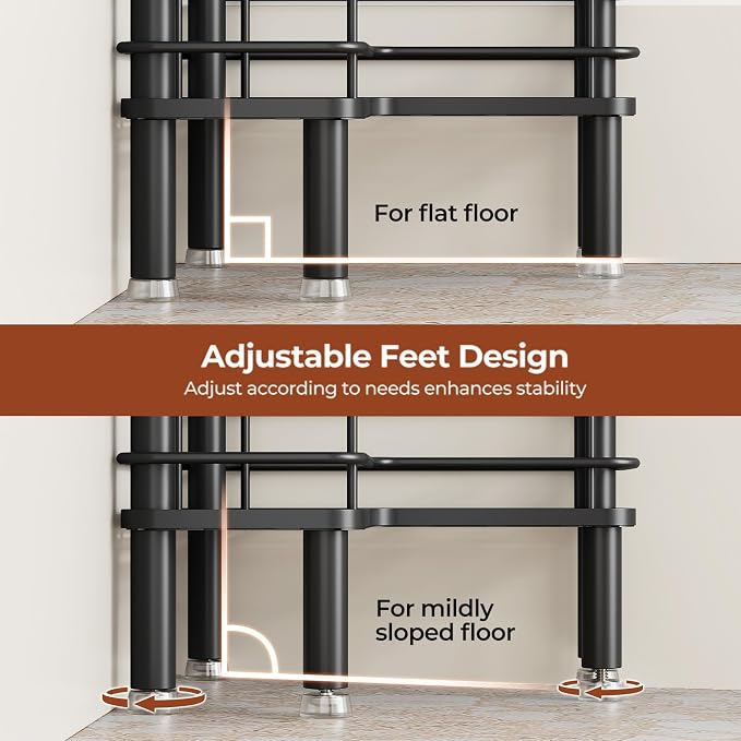 Orimade Rustproof 3 Tier Floor Standing Corner Shower Caddy Organizer with Toothbrush Holder, Large Spacing Floor Shower Shelf Rack Storage Stands with Hooks for Bathroom Kitchen, Black