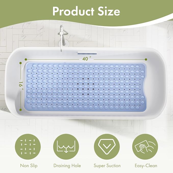 AmazerBath Shower Mat Non Slip 40 x 16 Inches, Shower Stall Mats with Suction Cups and Drain Holes, Non Slip Bath Mat for Tub for Elderly & Kids, Baby Blue