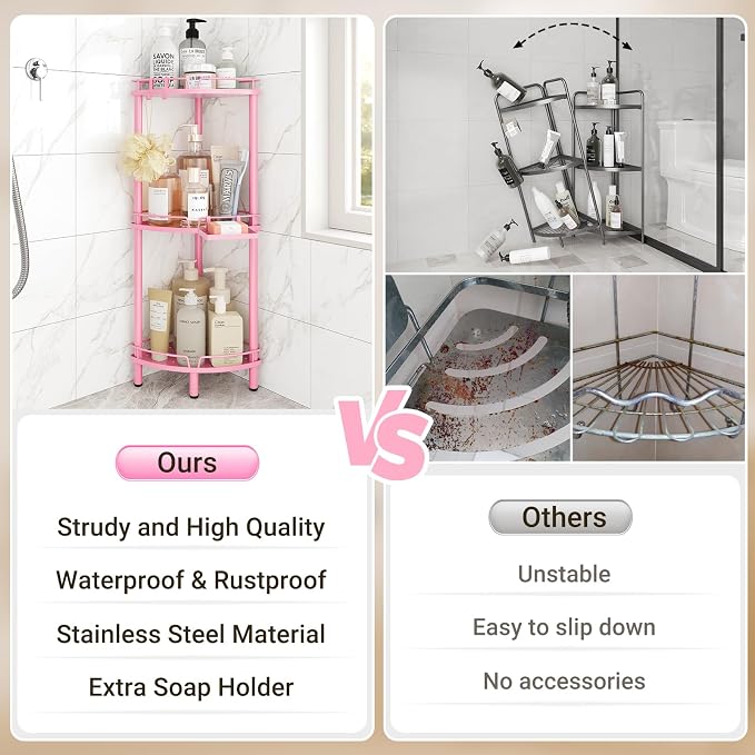 ELYKEN Corner Shower Caddy Standing, 3 Tier Rustproof Metal Shower Organizer with Soap Holder, Floor Shower Corner Shelf Rack Storage Stands with Adjustable Feet & 2 Hooks for Bathroom, Pink