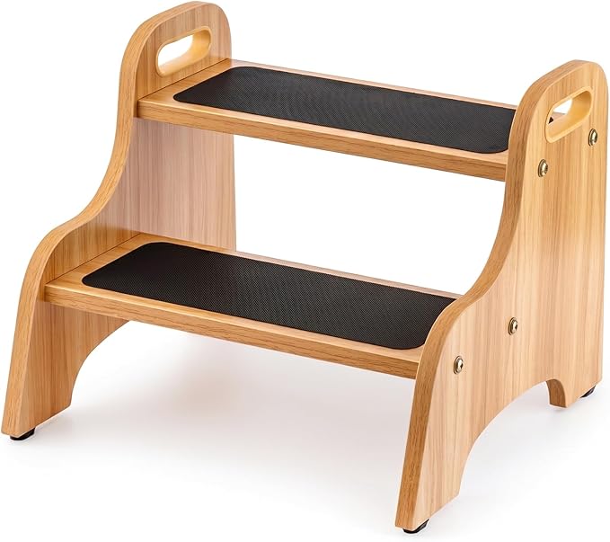 StrongTek Wooden 2-Step Stool for Kids, Non-Slip Surface with Handles, 350 lb Capacity, Toddler Step Stool for Bathroom, Kitchen and Bedroom (Natural)