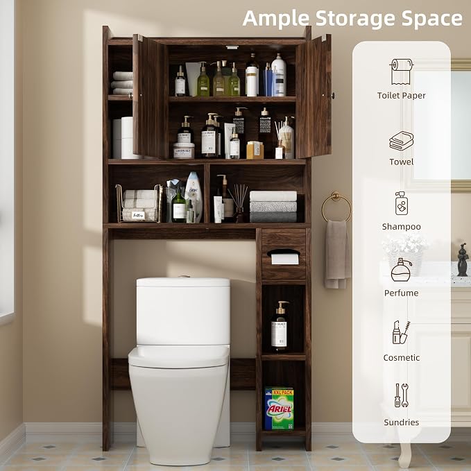 Shintenchi Over the Toilet Storage Cabinet, Bathroom Storage Cabient with Barn Doors, Bathroom Storage Shelf Organizer with Toilet Paper Holder, Adjustable Shelf and Anti-Tip Device, Walnut