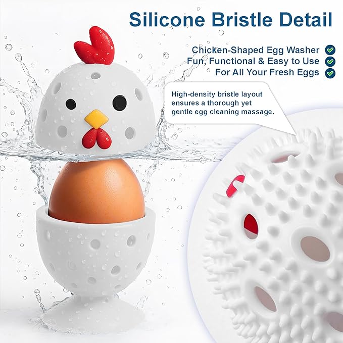 Egg Washer for Fresh Eggs, Egg Scrubber for Fresh Eggs, 2 Reusable Silicone Chicken Shaped Scrubs, Chicken Egg Cleaner, Eggshell Cleaner for Poultry Farm, Housewife Tools Vegetable Processing (White)