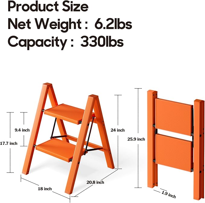 HillhutApex 2 Step Ladder, Lightweight Portable 2 Step Stool with Anti-Slip Wide Pedal, 330lbs Capacity Aluminum Ladder for Household,Office,Library(Orange)