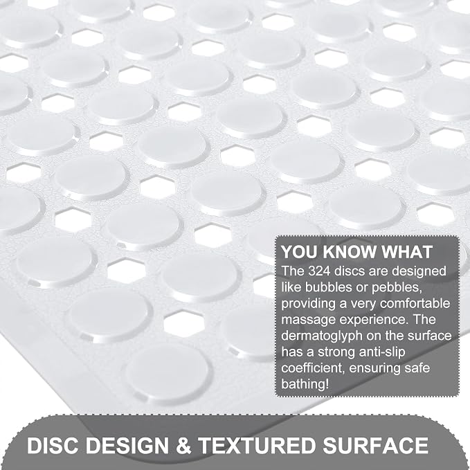 TEESHLY Bath Mat for Tub & Shower, Non Slip Soft Bathmat with Suction Cups & Drain Holes, Machine Washable Bathtub Floor Liner Mats for Bathroom, 35x16 Inch, White
