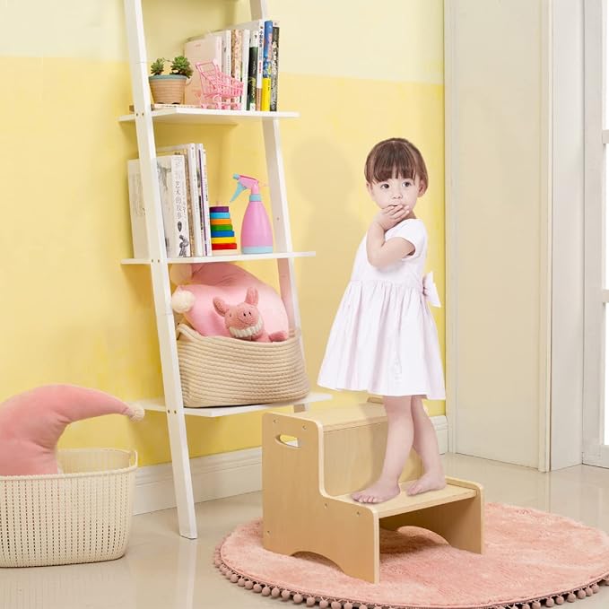 WOOD CITY Wooden Toddler Step Stool for Kids, Bathroom Potty Stool & Kitchen Stool, Natural Two Step Stool for Bedroom, Children's Stool with Handles and Safety Non-Slip Pads