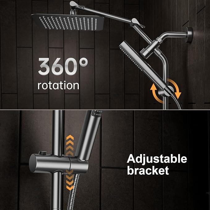 Veken All Metal 10" Shower Head with Handheld, Luxurious Square Double Rain Shower Heads with Spray Combo, Dual High Pressure Detachable Rainfall Showerhead with Extension Arm, Long Hose,Gunmetal Gray