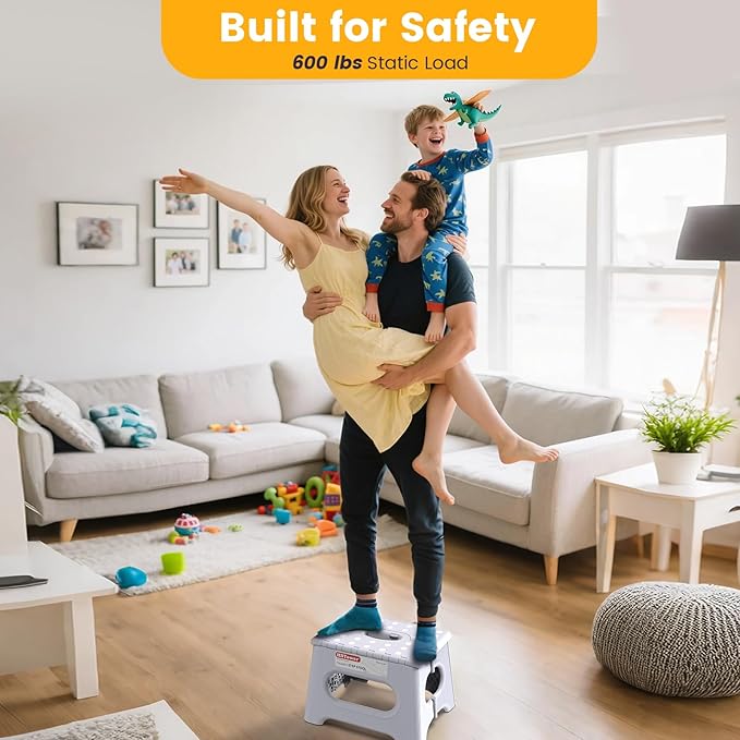 HBTower Folding Step Stool 9 Inch - Holds 600 lb, Non-Slip Surface & Carry Handle - Sturdy Step Stool for Kids, Toddlers & Adults - Compact Foldable Foot Stool for Kitchen, Bathroom, Bedroom(White)