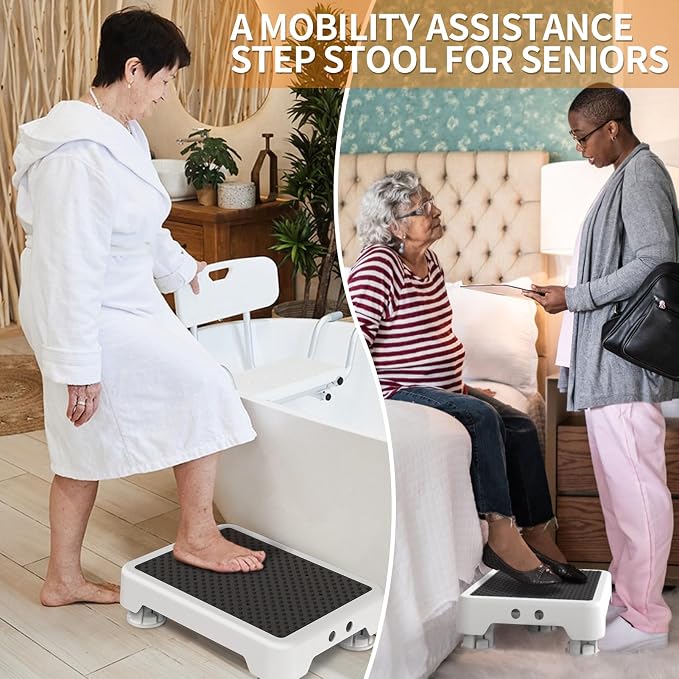 Ronlap One Step Stools for Adults, Portable Safety Step Platform for Seniors Small Plastic Bedside Step Stool Mobility Wide Step Stools Elderly Assistance for Shower Bed Car Stair Outdoor, White-Black