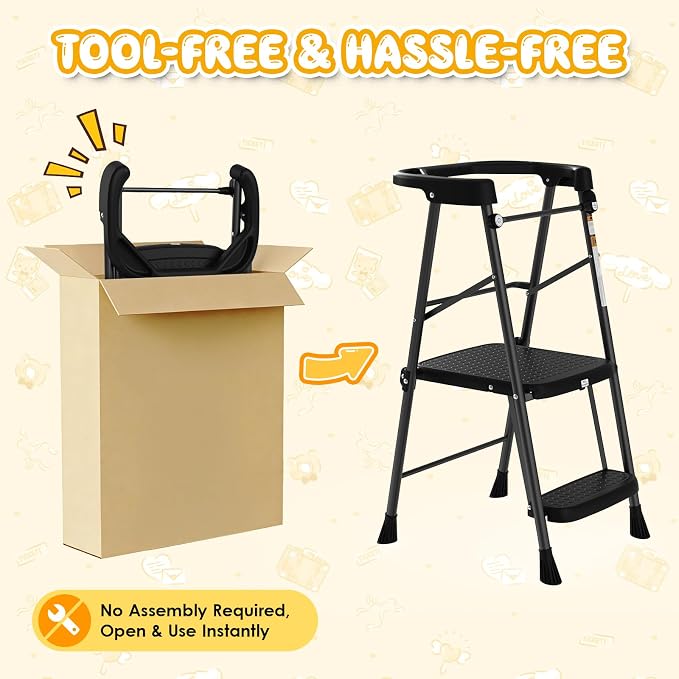 HBTower Kids 2 Steps Step Stool,Toddler Tower for Kitchen Counter Learning,Toddler Kitchen Stool Helper with Anti-Drop Safty Railing Kids Standing Folding Stepper(Black)