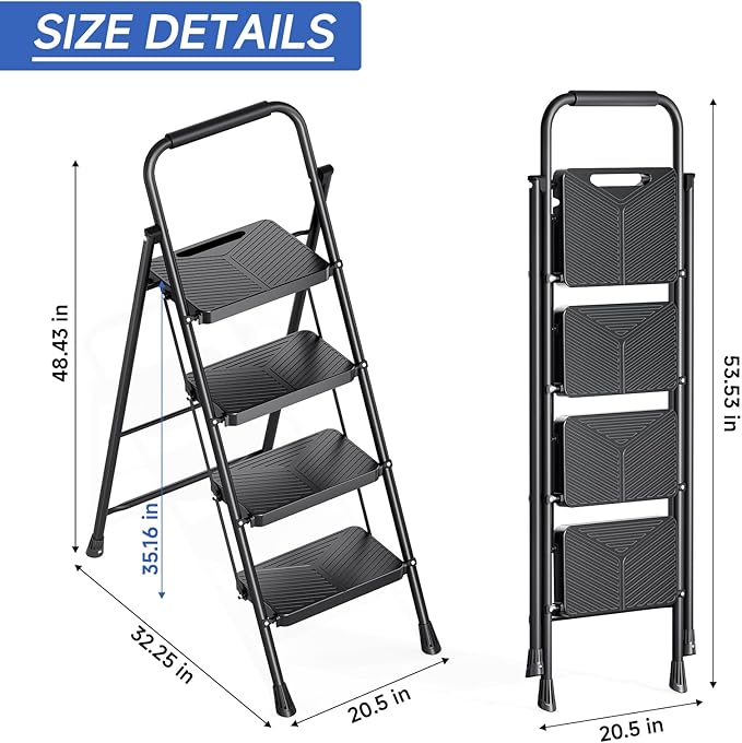 KINGRACK 4 Step Ladder, Folding Step Stool with Handrail, Safe-Lock Design and Wide Anti-Slip Pedals, 500 lbs Capacity Sturdy Steel Ladder for Home and Kitchen, Black