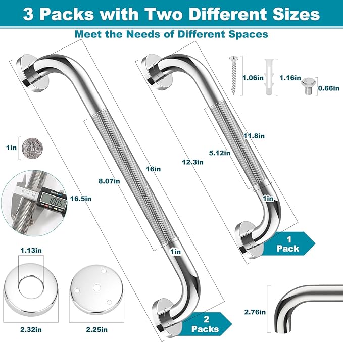 3 Pack Grab Bars for Bathtubs and Showers, 16-Inch and 12-Inch Anti-Slip Bathroom Shower Grab Bars for Seniors Wall, Safety Handicap Grab Bars Stainless Steel,Shower Handle for Elderly