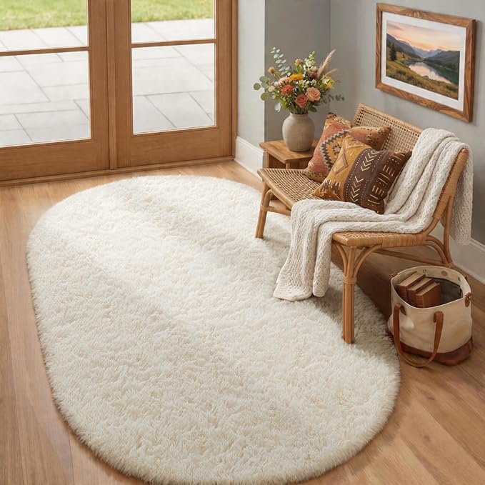 Ophanie 4x6 Oval Ivory Rugs for Bedroom Living Room, Fluffy Fuzzy Furry Carpet, Plush Soft Shaggy Bedside Indoor Floor Area Rug for Kids Girls Boys Baby Teen Dorm Nursery Home Decor Aesthetic