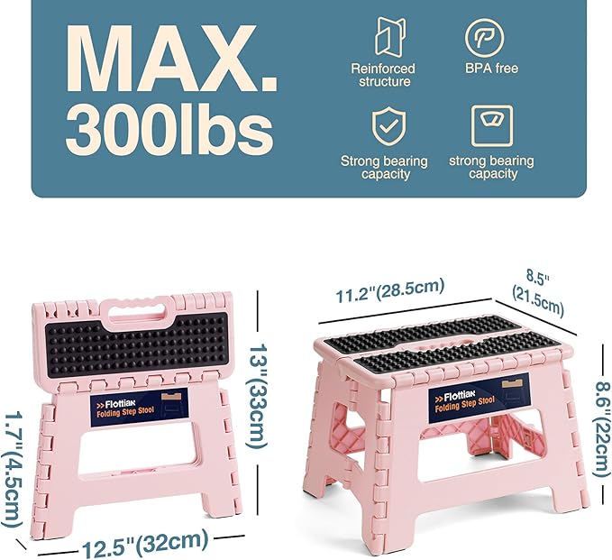 Flottian 9" Folding Step Stool for Adults and Kids Holds Up to 300 lbs,Non-Slip Folding Stools with Portable Handle, Compact Plastic Foldable Step Stool for Bathroom,Bedroom, Kitchen Sakura Pink