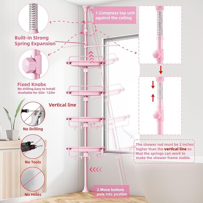 XLHOMO 32-122inch Corner Shower Caddy Tension Pole Pink, Rustproof Drill-Free Shower Shelves for Bathroom Bathtub Washbasin, Adjustable Shower Organizer with 4 Tier Patent Stable Shelves & Towel Bars
