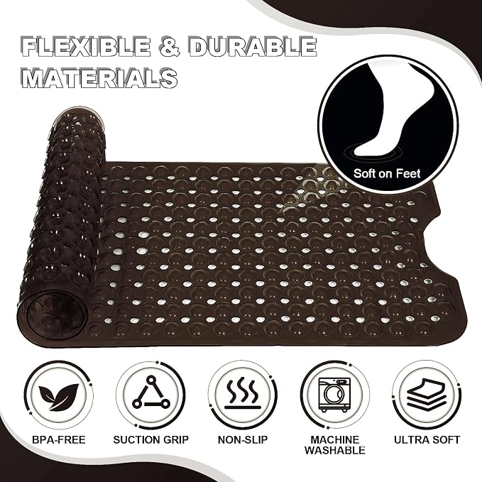 Bathtub and Shower Mats, 40x16 Inch Extra Large Non Slip Soft Bath Tub Mat with Suction Cups and Drain Holes for Bathroom Floor and Keep Tubs Clean, Machine Washable, Clear Chocolate