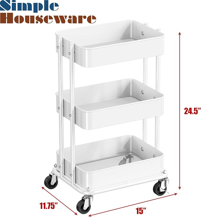 Simple Houseware 3-Tier Compact Utility Rolling Cart, Low 24” Height Fits Under Desk, Space-Saving Storage for Home Office, Dining Room, or Kitchen, White