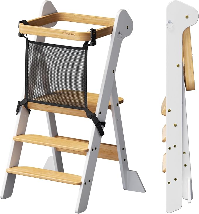 COSYLAND Foldable Standing Tower – IF Design Awarded Toddler Kitchen Step Stool with Safety Net & Large Side Support Legs– Height Adjustable Toddler Learning Helper Stool (White & Natural)-Foldi