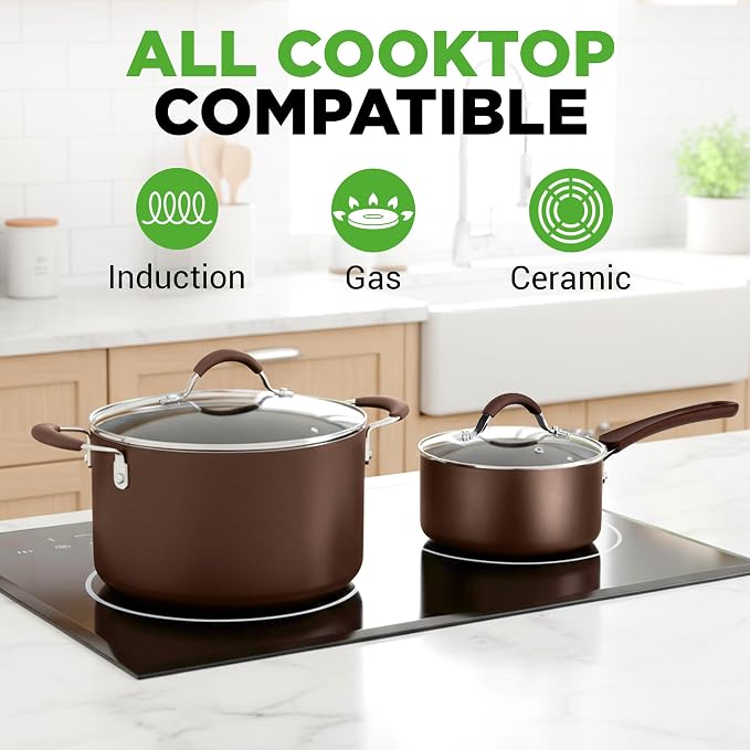 NutriChef 14-Piece Nonstick Brown Cookware Set - Scratch-Resistant Kitchen Pots and Pans with Lids & Utensils, For All Cooktops - NCCW14SBR