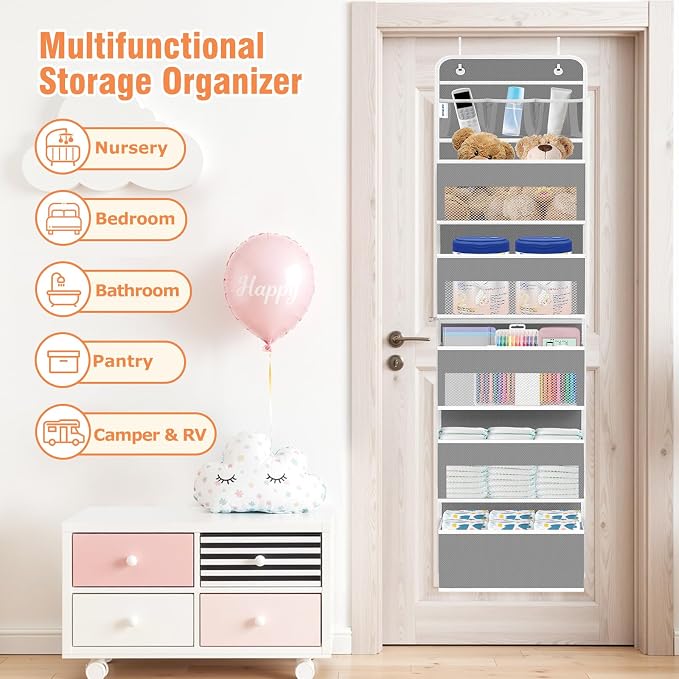 WISELIFE Over The Door Organizer - 6 Shelves Detachable Hanging Bedroom Storage Solution with 5 Large Pockets and 3 PVC Pockets for Dorm Bathroom, Pantry Nursery Baby Essentials (Grey)